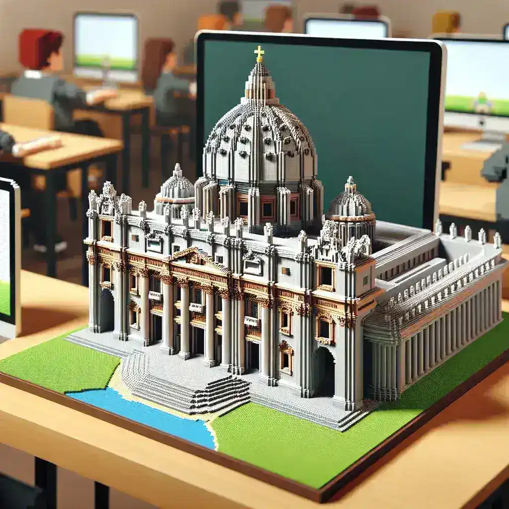 "Basílica de San Pedro en versión Minecraft: Modelo 3D del icónico monumento presentado en un videojuego educativo para escuelas."