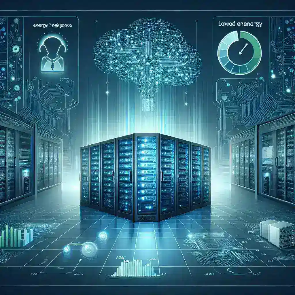"Infographic illustrating the application of artificial intelligence in data centers to enhance energy efficiency, showcasing key technologies and strategies."