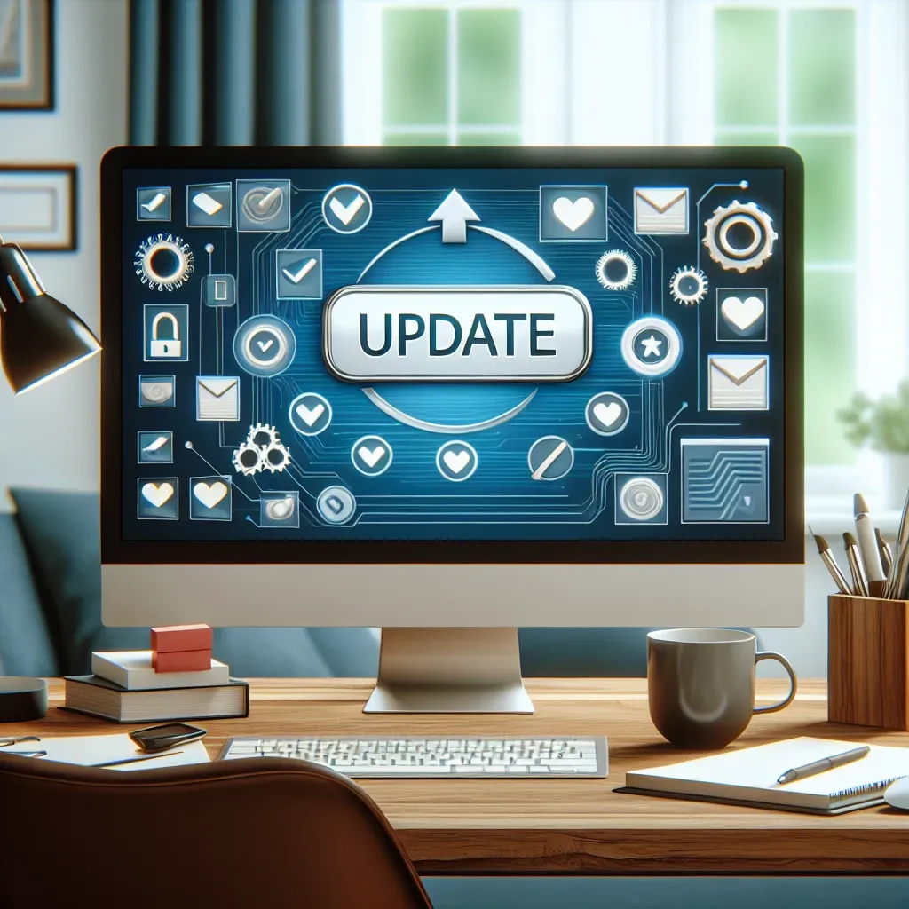 "Imagen que ilustra la importancia de actualizar el software regularmente, mostrando un usuario revisando actualizaciones en su computadora para mejorar la seguridad y el rendimiento."