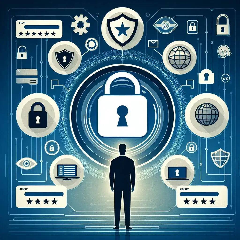 "Usuario eligiendo el software ideal para gestionar contraseñas en su ordenador, con pantallas que muestran aplicaciones y características de gestión de contraseñas, ilustrando consejos sobre seguridad digital."