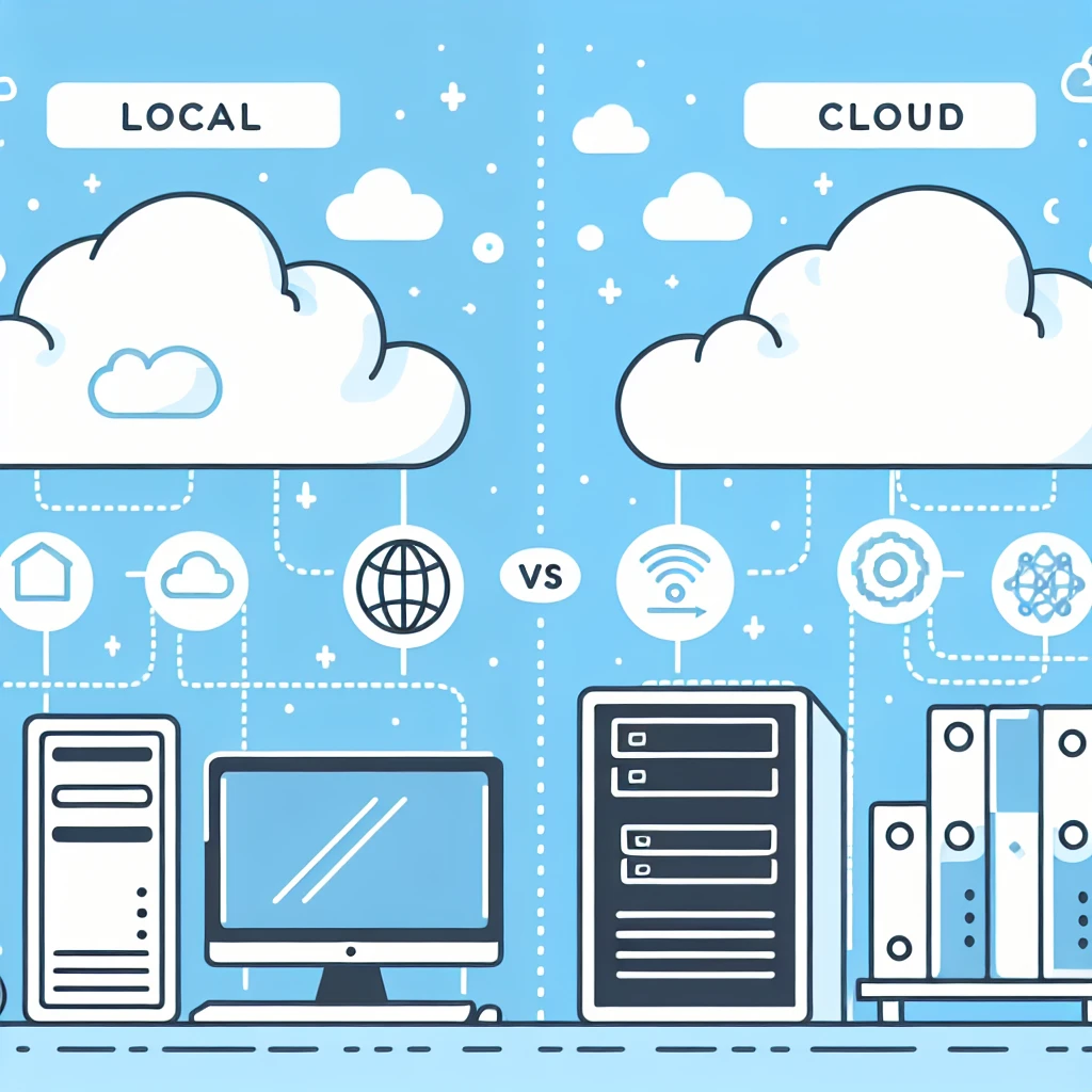 "Comparativa visual entre software local y en la nube, mostrando sus características y beneficios, ilustrando las diferencias clave para ayudar a los usuarios a elegir la mejor opción para sus necesidades tecnológicas."