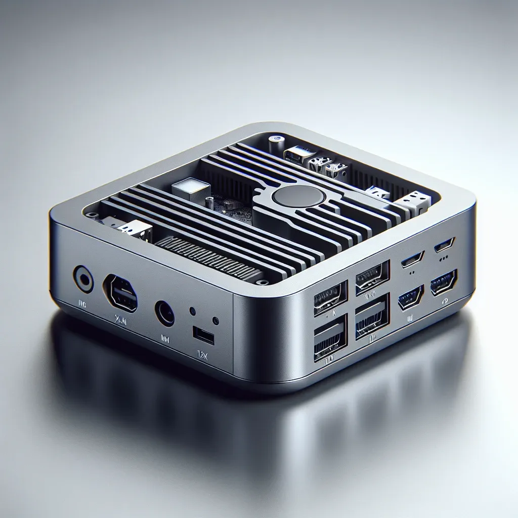 "Mini PC Chuwi AuBox 8745 - Visión detallada de su diseño y calidad de construcción, resaltando sus materiales y puertos en un entorno moderno."